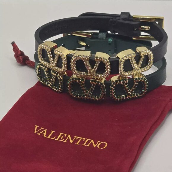Valentino V Logo Signature Leather Bracelet in Black or Green - Picture 5 of 16